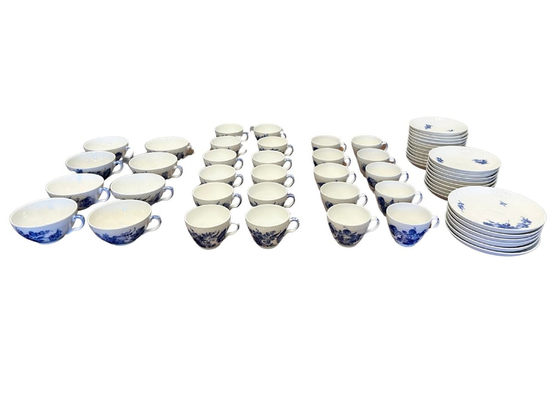 Royal Copenhagen Blue Flowers Braided Coffee and Tea Cups with Saucers, 55 Piece Collection: 22 Tea Cups, 21 Saucers, (6) Flat Cups & Saucers