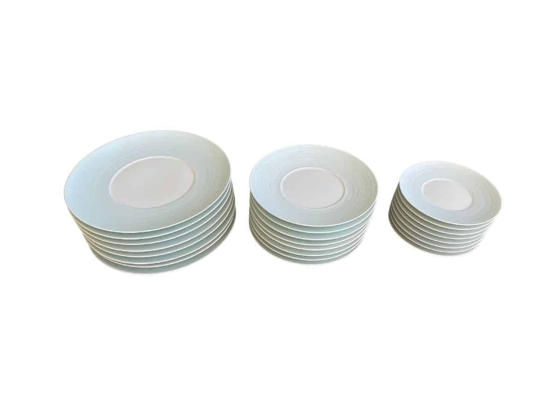 JL Coquet Hemisphere Charger, Dinner and Salad Plates, Storm Blue, Service 8: Charger: 12.5in diameter, Dinner Plate: 10.5in diameter, Salad Plate: 8.5in diameter