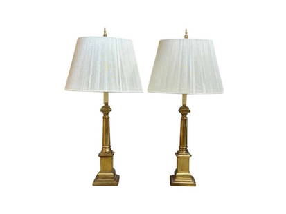 Neoclassical Brass Table Lamps with String Shades, Pair: 5.5in w x 5.5in d x 32in h