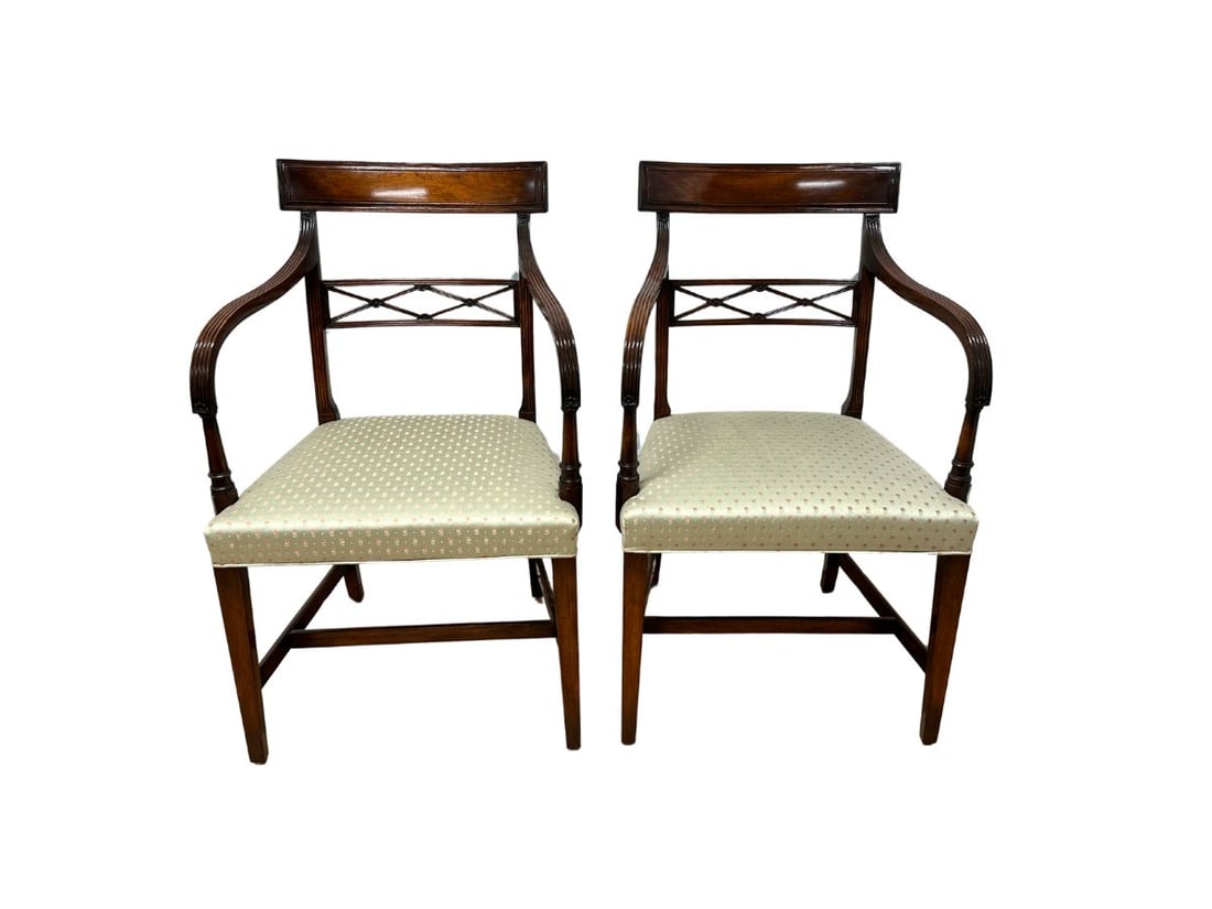 Regency Armchairs with Carved Floral Motif, Pair: 22in w x 18in d x 35.5in h, Seat height: 17.5in , Arm height: 28.25in