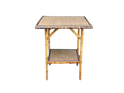 Burnt Bamboo & Rattan Table: 24in w x 24in d x 30in h. PLEASE READ BEFORE PLACING A BID: Pickup for this auction will take place on Friday, June 27th, from 9:00 AM to 12:00 PM at a private residence in Southport, CT. This is the