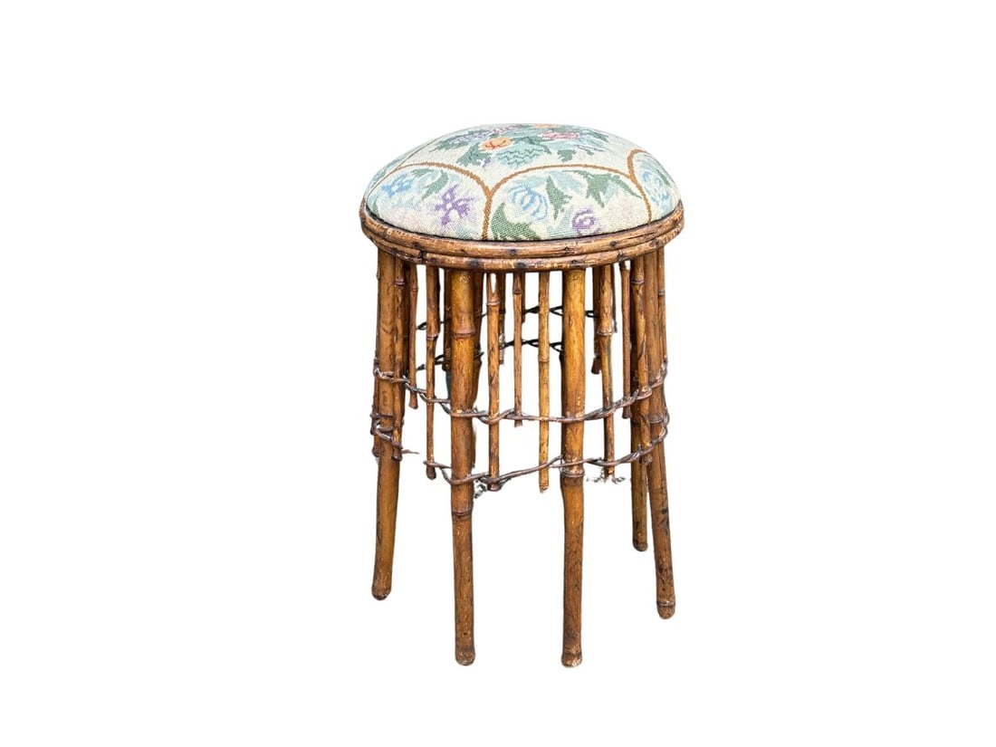 Bamboo Stool with Needlepoint Seat (1 of 7)