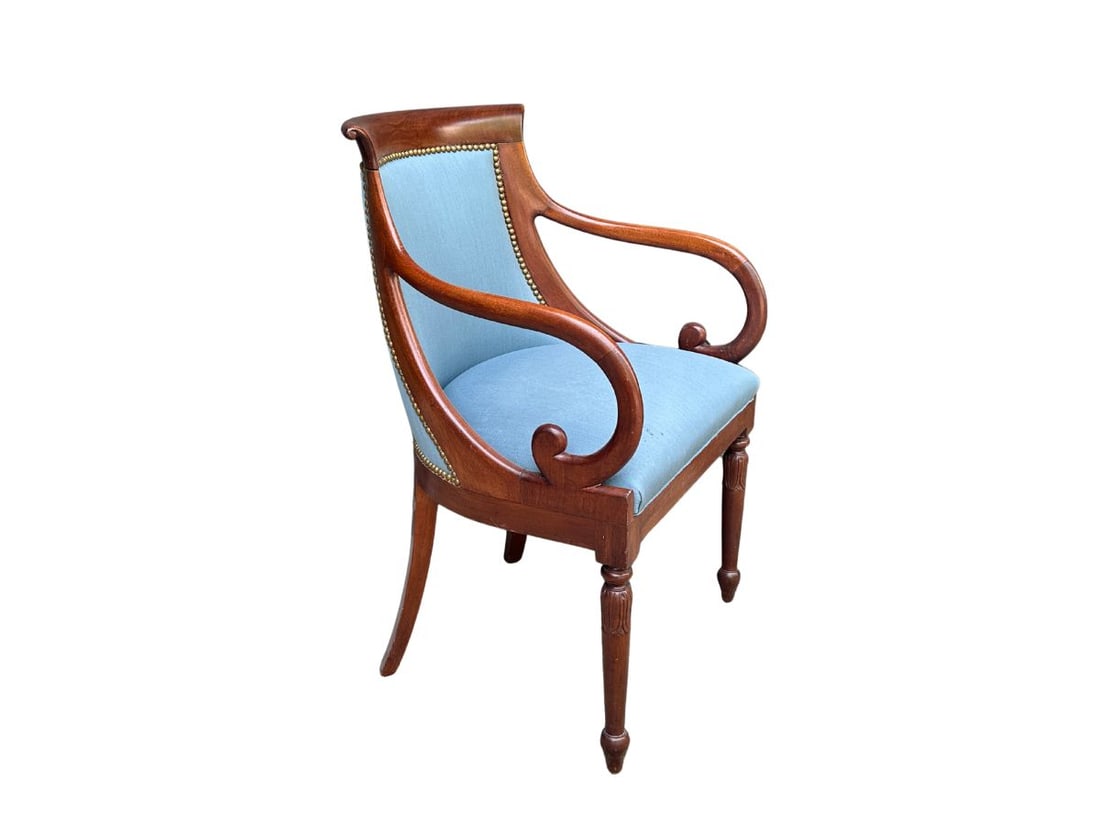 Blue Armchair (Swan Library Chair): 23in w x 24in d x 35in h, Seat height: 19in , Arm height: 27in. PLEASE READ BEFORE PLACING A BID: Pickup for this auction will take place on Friday, June 27th, from 9:00 AM to 12:00 PM at a private re