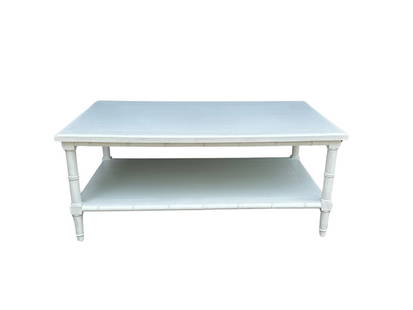 White Painted Bamboo Style Cocktail Table: 48in w x 30in d x 20in h. PLEASE READ BEFORE PLACING A BID: Pickup for this auction will take place on Friday, June 27th, from 9:00 AM to 12:00 PM at a private residence in Southport, CT. This is the