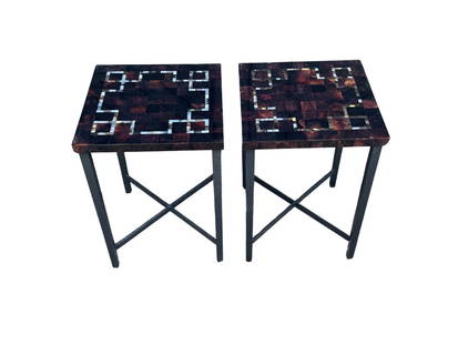 Tortoiseshell Side Tables by Oly Studios: 16in w x 16in d x 22in h. PLEASE READ BEFORE PLACING A BID: Pickup for this auction will take place on Friday, June 27th, from 9:00 AM to 12:00 PM at a private residence in Southport, CT. This is the