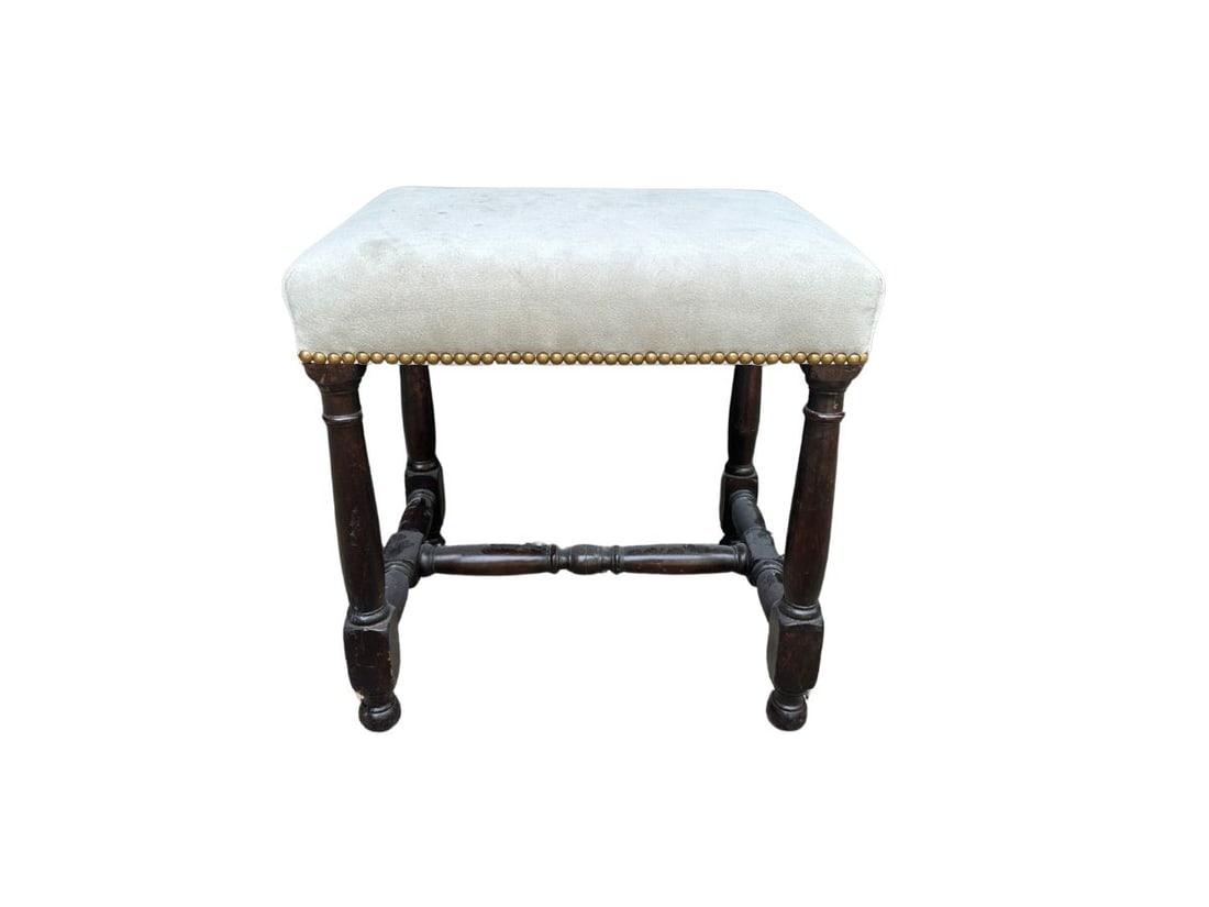 Stool with Nailhead Detail: 18.5in w x 14.5in d x 19in h. PLEASE READ BEFORE PLACING A BID: Pickup for this auction will take place on Friday, June 27th, from 9:00 AM to 12:00 PM at a private residence in Southport, CT. This is 