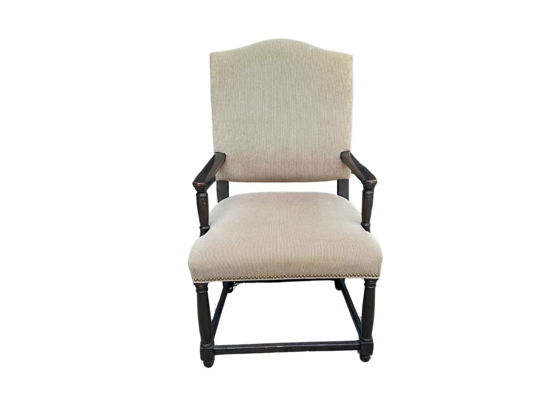 Upholstered Arm Chair with Nailhead Detail by Sam Moore: 26in w x 23in d x 43in h, Seat height: 18in , Arm height: 26.5in. PLEASE READ BEFORE PLACING A BID: Pickup for this auction will take place on Friday, June 27th, from 9:00 AM to 12:00 PM at a private 