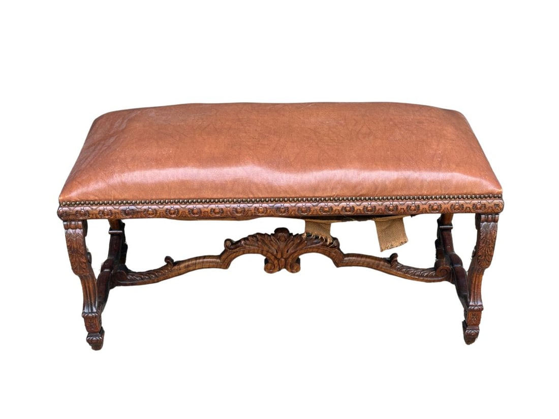 Antique Carved Leather Bench: 42.5in w x 19.5in d x 22in h. PLEASE READ BEFORE PLACING A BID: Pickup for this auction will take place on Friday, June 27th, from 9:00 AM to 12:00 PM at a private residence in Southport, CT. This is 