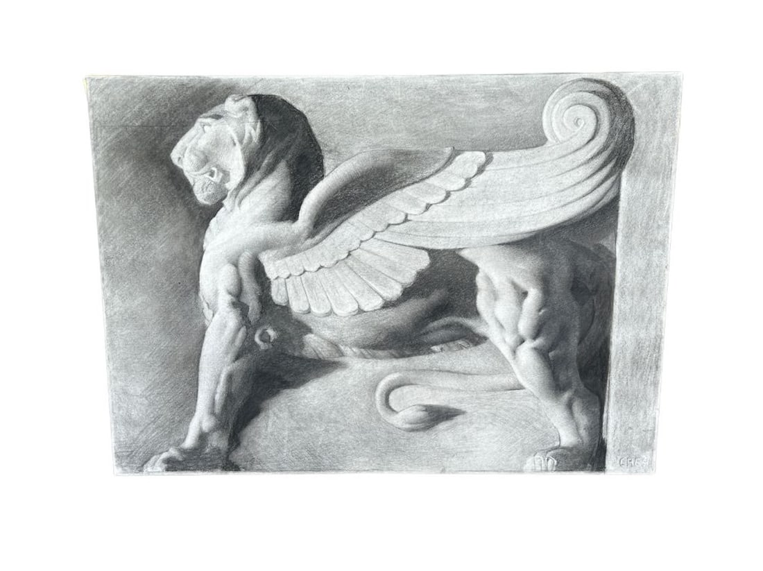 Charcoal Drawing of a Griffin by Jiwoong Cheh: 45in w x 33in h x 2in d. PLEASE READ BEFORE PLACING A BID: Pickup for this auction will take place on Friday, June 27th, from 9:00 AM to 12:00 PM at a private residence in Southport, CT. This is the o