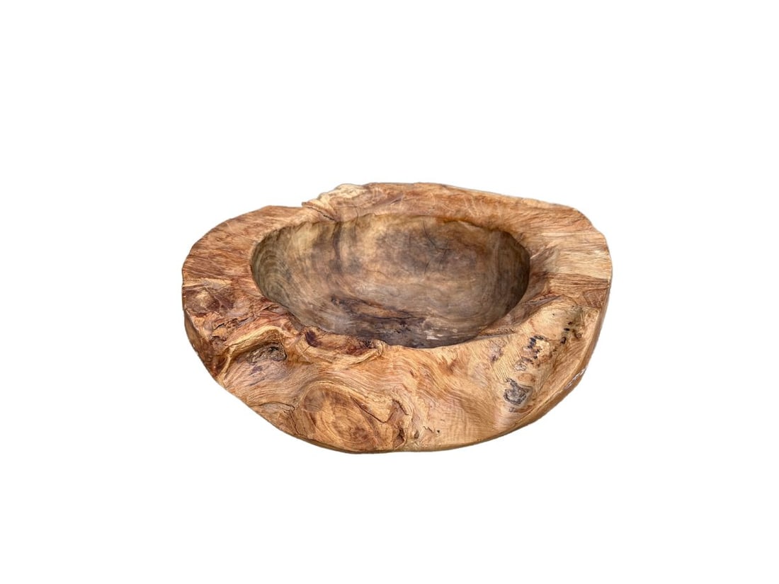 Raw Edge Wood Bowl: 18in w x 18in d x 5.5in h. PLEASE READ BEFORE PLACING A BID: Pickup for this auction will take place on Friday, June 27th, from 9:00 AM to 12:00 PM at a private residence in Southport, CT. This is the