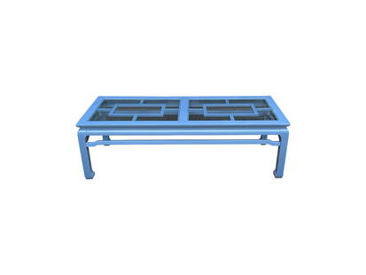 Blue Painted Ming Cocktail Table with Glass Insert: 54in w x 22in d x 16in h. PLEASE READ BEFORE PLACING A BID: Pickup for this auction will take place on Friday, June 27th, from 9:00 AM to 12:00 PM at a private residence in Southport, CT. This is the