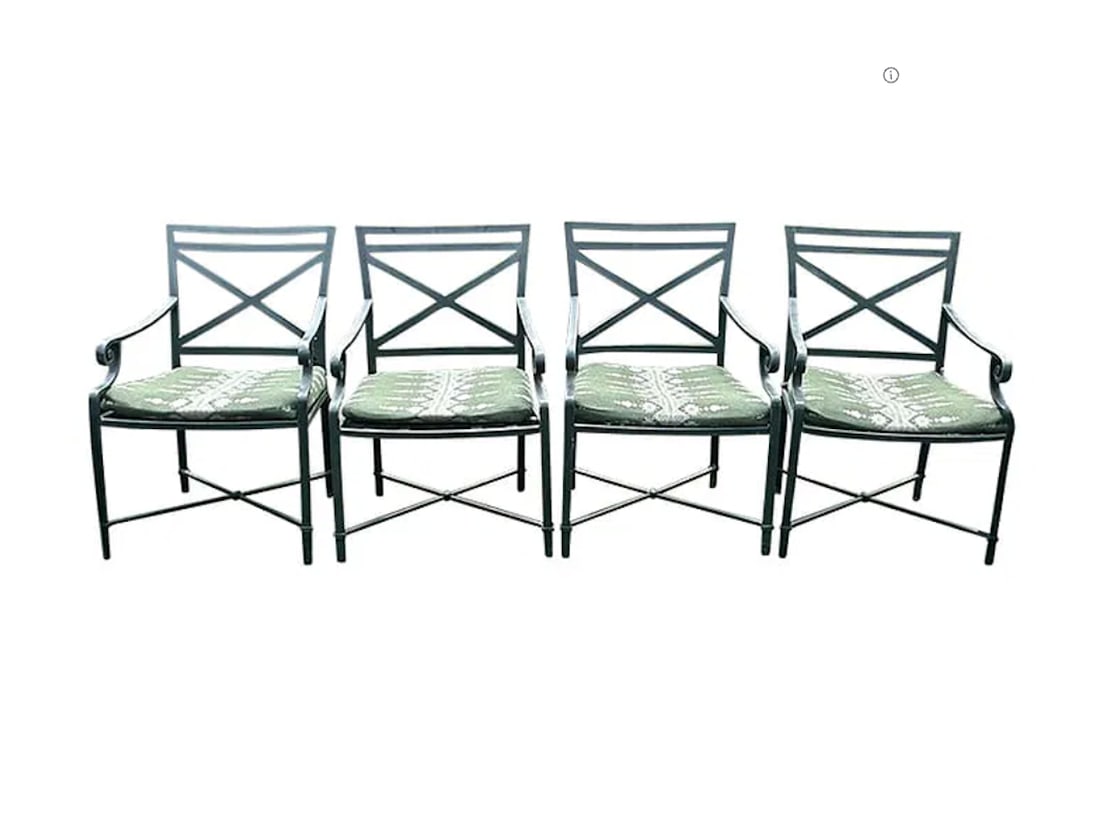 Brown Jordan Arm Chair with Peter Dunham Seat Cushion, 3 of 4 (Chairs Sold Individually): Chairs sold individually. 22.5in w x 21in d x 34in h, Seat height: 19in , Arm height: 24in. PLEASE READ BEFORE PLACING A BID: Pickup for this auction will take place on Friday, June 27th, from 9:00 AM