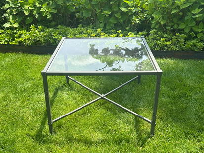 Brown Jordan Square Cocktail Table: 26in w x 26in d x 17in h. PLEASE READ BEFORE PLACING A BID: Pickup for this auction will take place on Friday, June 27th, from 9:00 AM to 12:00 PM at a private residence in Southport, CT. This is the