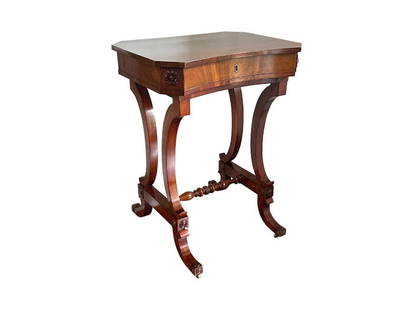 Antique Sewing Stand Work Table with Carved Floral Motif: 22.75 in. w x 17.75 in. d x 29.6 in. h. Drawer is locked, could not locate key. PLEASE READ BEFORE PLACING A BID: Pickup for this auction will take place at a private residence in Rye, NY on Friday,