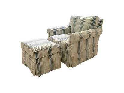 Blue and White Cut Velvet Armchair and Ottoman: Chair: 37 in. w x 38 in. d x 31 in. h, Seat height: 18 in., Arm height: 24 in., Ottoman: 25 in. w x 18 in. d x 17 in. h. Noticeable wear on back corner with tears and pulls to fabric, see photos. PLEA