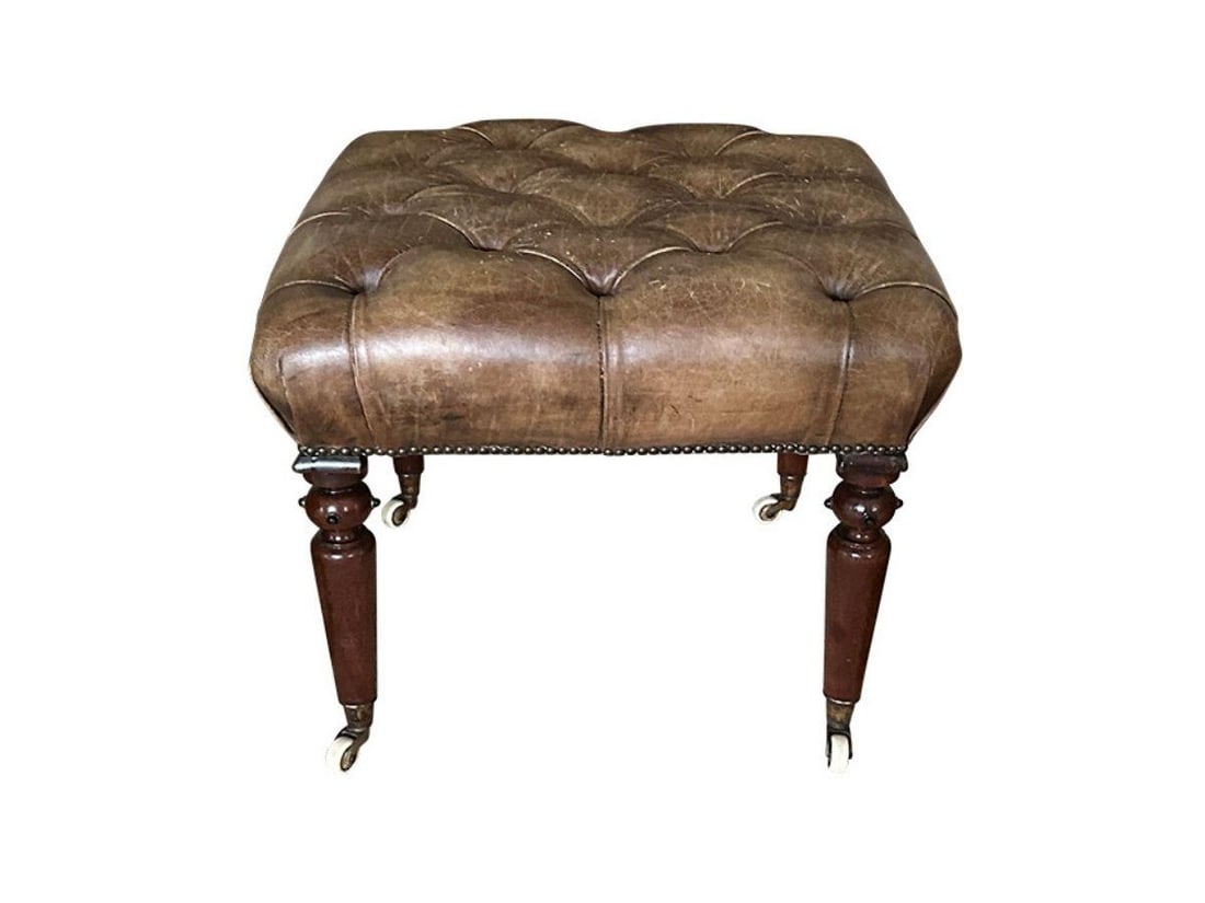 Antique Leather Tufted Footstool on Casters, Exceptional (1 of 8)
