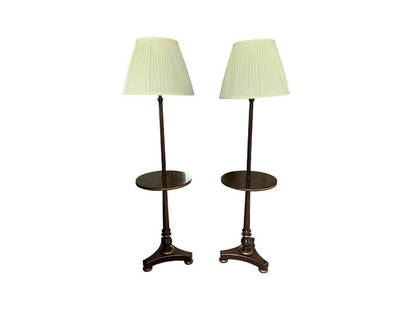 Tea Table Floor Lamps with Gilt Accents, Pair: 14 in. diameter x 58 in. h, shade 16 in. diameter x 12 in. h. PLEASE READ BEFORE PLACING A BID: Pickup for this auction will take place at a private residence in Rye, NY on Friday, July 25th, from 9:0