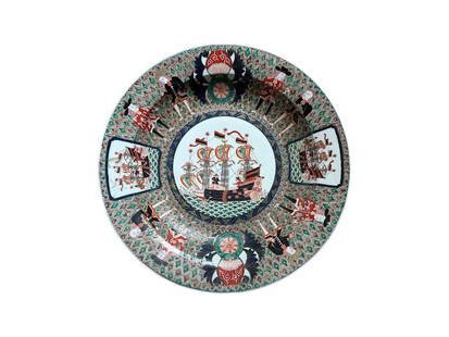 Chinese Export 18in Charger with Dutch Traders Design purchased at John Rosselli Antiques: 18 in. diameter x 3 in. d. PLEASE READ BEFORE PLACING A BID: Pickup for this auction will take place at a private residence in Rye, NY on Friday, July 25th, from 9:00 AM to 12:00 PM, and Saturday,