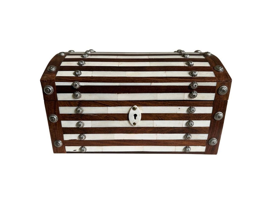 Brown and White Inlay Box with Metal Detail: 12 in. w x 8.5 in. d x 7.5 in. h. PLEASE READ BEFORE PLACING A BID: Pickup for this auction will take place at a private residence in Rye, NY on Friday, July 25th, from 9:00 AM to 12:00 PM, and Saturd