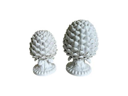 Ceramic Artichokes, Set of 2: 6 in. diameter x 9 in. h, 4.5 in. diameter x 7.5 in. h PLEASE READ BEFORE PLACING A BID: Pickup for this auction will take place at a private residence in Rye, NY on Friday, July 25th, from 9:00 AM