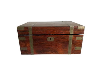 Antique Wood and Brass Lap Desk: 16 in. w x 11 in. d. x 7 in. h. Noticeable wear, see photos. PLEASE READ BEFORE PLACING A BID: Pickup for this auction will take place at a private residence in Rye, NY on Friday, July 25th, from