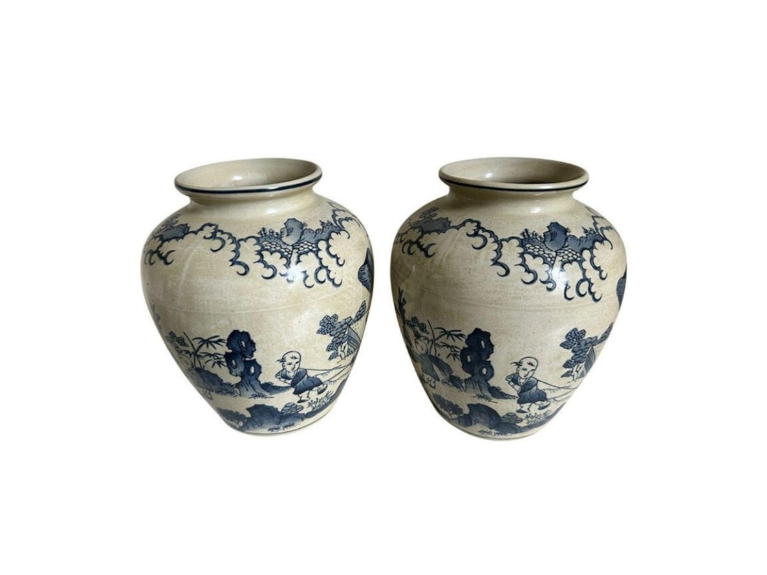 Blue and White Urns, Pair (1 of 2): 7 in. diameter x 8 in. h. PLEASE READ BEFORE PLACING A BID: Pickup for this auction will take place at a private residence in Rye, NY on Friday, July 25th, from 9:00 AM to 12:00 PM, and Saturday, July