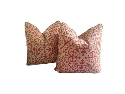 Custom Poppy and Cream Pillows, Pair: 18 in. x 18 in. PLEASE READ BEFORE PLACING A BID: Pickup for this auction will take place at a private residence in Rye, NY on Friday, July 25th, from 9:00 AM to 12:00 PM, and Saturday, July 26th, fro