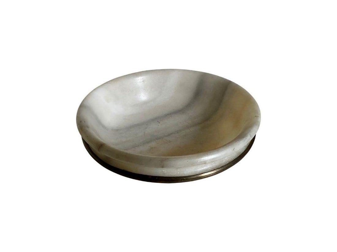 Alabaster Bowl with Brass Ring: 9.5 in. diameter x 3 in. h. PLEASE READ BEFORE PLACING A BID: Pickup for this auction will take place at a private residence in Rye, NY on Friday, July 25th, from 9:00 AM to 12:00 PM, and Saturday, Ju