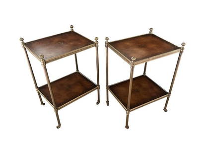 French Theodore Alexander Brass And Leather Side Tables, Pair: 12 in. w x 15 in. d x 23.5 in. h. PLEASE READ BEFORE PLACING A BID: Pickup for this auction will take place at a private residence in Rye, NY on Friday, July 25th, from 9:00 AM to 12:00 PM, and Saturd