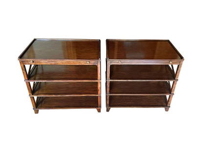 Four Tier Side Tables with Leather-Lined Slides, Pair: 32 in. w x 21 in. d x 30 in. h, shelves pull out 13 in. One table has noticeable scratching on a shelf, see photos. PLEASE READ BEFORE PLACING A BID: Pickup for this auction will take place at a priva