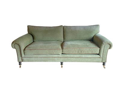 Green Chenille Roll-Arm Sofa on Casters: 84 in. w x 40 in. d x 30 in. h, Seat height: 17 in., Arm height: 24 in., Sofa has considerable sun fading, reupholstery suggested. PLEASE READ BEFORE PLACING A BID: Pickup for this auction will take p