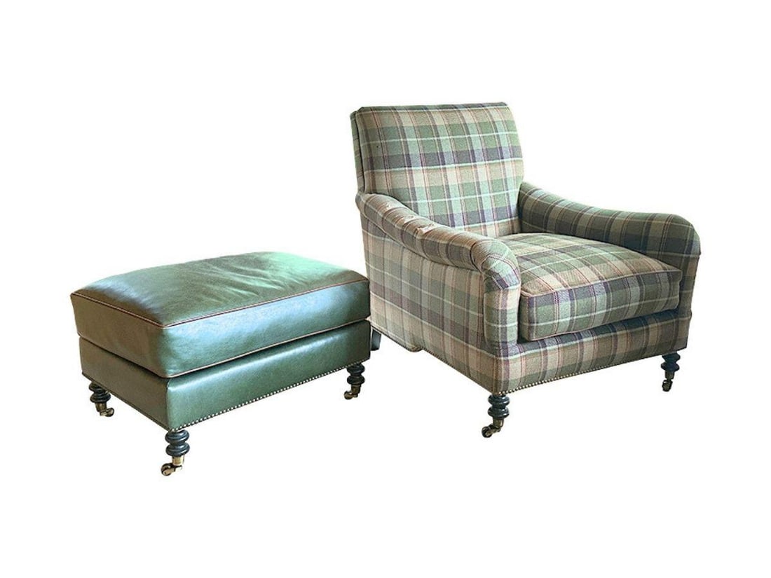 Wool Plaid English Roll Arm Chair and Leather Ottoman on Casters: Chair: 32 in. w x 36 in. d x 35 in. h, Seat height: 19 in., Arm height: 21 in., Ottoman: 27 in. w x 21 in. d x 17 in. h. Reupholstery recommended due to tears and sunfading, see photos. PLEASE READ BE