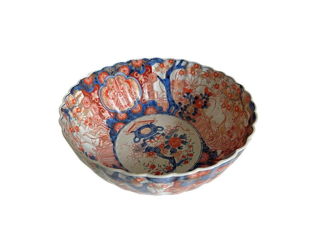 Imari Hand Painted Serving Bowl: 12.5 in. w x 5.5 in. h. PLEASE READ BEFORE PLACING A BID: Pickup for this auction will take place at a private residence in Rye, NY on Friday, July 25th, from 9:00 AM to 12:00 PM, and Saturday, July 2