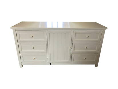PB Teen Beadboard Dresser: 64 in. w x 19 in. d x 32.5 in. h. Dresser is in fair condition. Has noticeable markings on top, see photos. PLEASE READ BEFORE PLACING A BID: Pickup for this auction will take place at a private resid