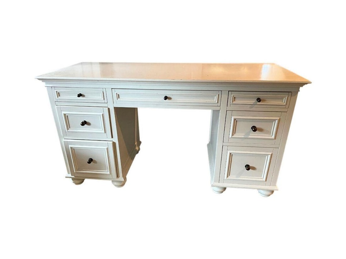 PB Teen Chelsea Desk: 54 in.vw x 21 in. d x 30 in. h. Desk is in fair condition. Has noticeable markings on top, see photos. PLEASE READ BEFORE PLACING A BID: Pickup for this auction will take place at a private residence 