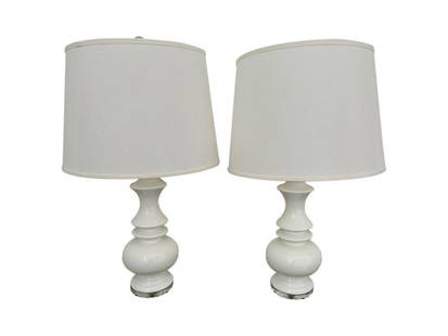 White Ceramic Table Lamps, Pair: 6 in. diameter x 31 in. h. PLEASE READ BEFORE PLACING A BID: Pickup for this auction will take place at a private residence in Rye, NY on Friday, July 25th, from 9:00 AM to 12:00 PM, and Saturday, Jul
