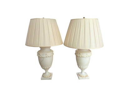 Vaughan Tento Alabaster Table Lamps, Pair: 8 in. diameter x 29 in. h, Pleated shades: 17 in. diameter x 11 in. h. PLEASE READ BEFORE PLACING A BID: Pickup for this auction will take place at a private residence in Rye, NY on Friday, July 25th,