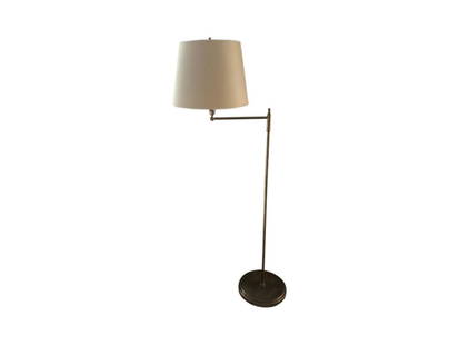 Visual Comfort Aged Brass Swing Arm Floor Lamp: 13 in. w x 20.5 in. d x 64 in. h, Shade: 16 in. diameter x 12 in. h. PLEASE READ BEFORE PLACING A BID: Pickup for this auction will take place at a private residence in Rye, NY on Friday, July 25th, f