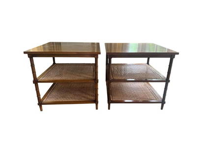 Faux Bamboo Wood and Cane Tiered Side Tables, Pair: 24 in. w x 24 in. d x 23.5 in. h. Table has notieceable wear to the shelves and some sunfading, see photos. PLEASE READ BEFORE PLACING A BID: Pickup for this auction will take place at a private resid