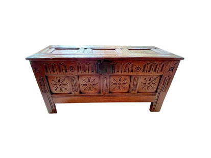 Antique Carved Chest: 45 in. w x 18 in. d x 22 in. h. PLEASE READ BEFORE PLACING A BID: Pickup for this auction will take place at a private residence in Rye, NY on Friday, July 25th, from 9:00 AM to 12:00 PM, and Saturday