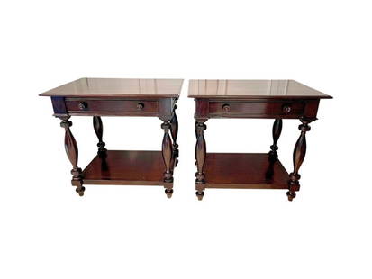 Wood Single Drawer Side Tables, Pair: 30 in. w x 21 in. d x 28.5 in. h. PLEASE READ BEFORE PLACING A BID: Pickup for this auction will take place at a private residence in Rye, NY on Friday, July 25th, from 9:00 AM to 12:00 PM, and Saturd