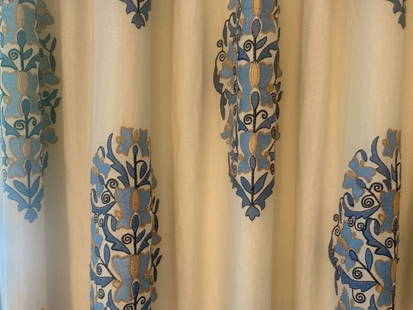 Vaughan Designs Manisa Embroidered Window Panels with Coordinating Tape, Set: 2 Panels: 32 in. w x 86 in. l. PLEASE READ BEFORE PLACING A BID: Pickup for this auction will take place at a private residence in Rye, NY on Friday, July 25th, from 9:00 AM to 12:00 PM, and Saturday,
