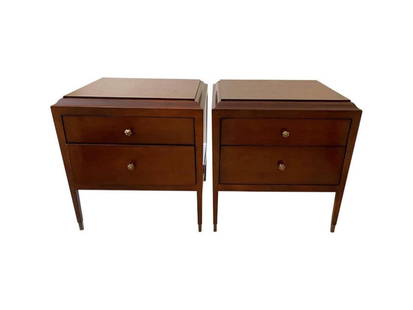 Alexa Hampton for Hickory Chair Mahogany Bedside Tables, Pair: 26 in. w x 22 in. d x 28 in. h. Tables have brass feet and pulls, some missing veneer on the top of each, see photos. PLEASE READ BEFORE PLACING A BID: Pickup for this auction will take place at a pri