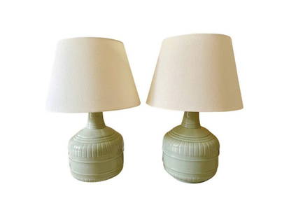 Simon Pearce Celadon Table Lamps, Pair: 11 in. diameter x 28 in. h, Shades: 18 in. diameter x 12 in. h. PLEASE READ BEFORE PLACING A BID: Pickup for this auction will take place at a private residence in Rye, NY on Friday, July 25th, from 9