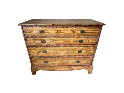 Sarreid Ltd. Faux Bois Painted Dresser: 43.5 in. w x 20 in. d x 36 in. h. Chest has decorative painted finish and significant chips to veneer/paint, see photos. PLEASE READ BEFORE PLACING A BID: Pickup for this auction will take place at a