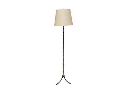 Brass Faux Bamboo Floor Lamp: 14 in. diameter x 62 in. h, Shade: 14 in. diameter x 11 in. h. Lamp has some tarnishing and an original 2 prong cord, see photos. PLEASE READ BEFORE PLACING A BID: Pickup for this auction will take pl