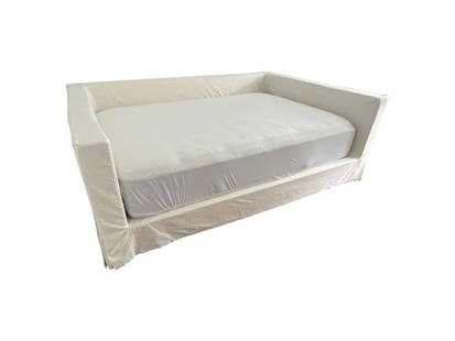 Upholstered Full Size Daybed: 59 in. w x 86 in. l x 30 in. h, Footboard: 11 in. h, Fits a mattress size: 50 in. w x 74 in. l. PLEASE READ BEFORE PLACING A BID: Pickup for this auction will take place at a private residence in Rye,
