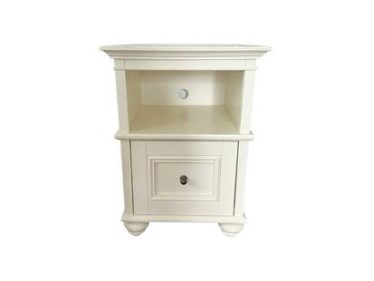 Small White Painted Nightstand: 20 in. w x 18 in. d x 28 in. h. Has noticeable wear, see photos. PLEASE READ BEFORE PLACING A BID: Pickup for this auction will take place at a private residence in Rye, NY on Friday, July 25th, from