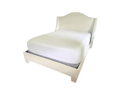 White Suede Upholstered Queen Bed: 64 in. w x 84 in. l x 62 h, Headboard width: 69 in. Baseboard height: 16 in. Has some discoloration in suede, upholstery cleaning recommended.PLEASE READ BEFORE PLACING A BID: Pickup for this auction