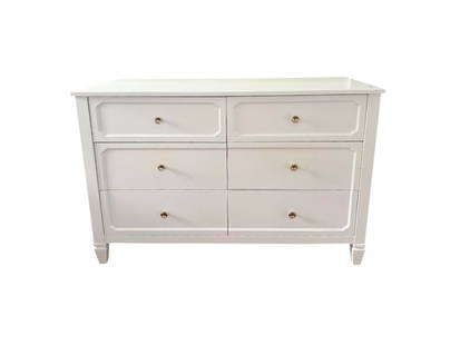 White Six Drawer Dresser: 51 in. w x 21 in. d x 35 in. h. Fair condition, see photos. PLEASE READ BEFORE PLACING A BID: Pickup for this auction will take place at a private residence in Rye, NY on Friday, July 25th, from 9:00